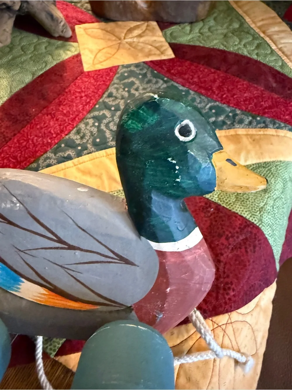 Vintage Hand-Painted Wooden Mallard Pull Toy Green/Brown/Blue